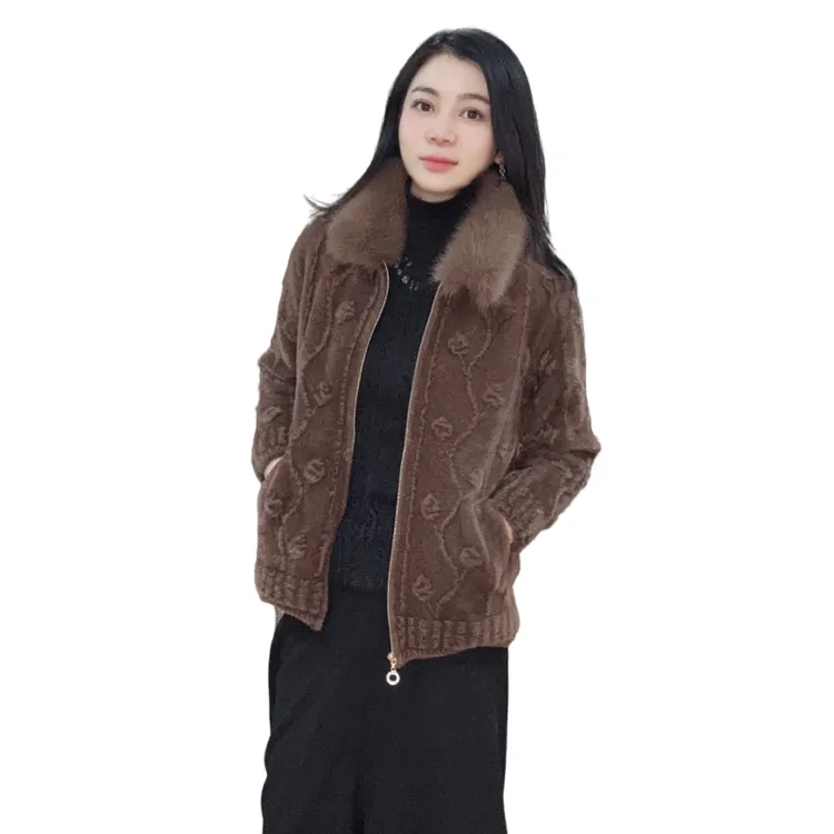 秋冬新款2024针织毛领拉链衫提花气质显瘦百搭时尚短外套妈妈装女