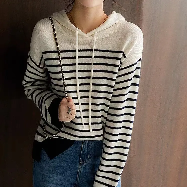 美式高街连帽条纹帽衫女春秋季潮牌百搭小众设计感宽松羊毛衫上衣