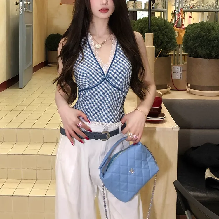 性感风辣妹背心吊带女夏季小众设计性感蕾丝格纹挂脖上衣