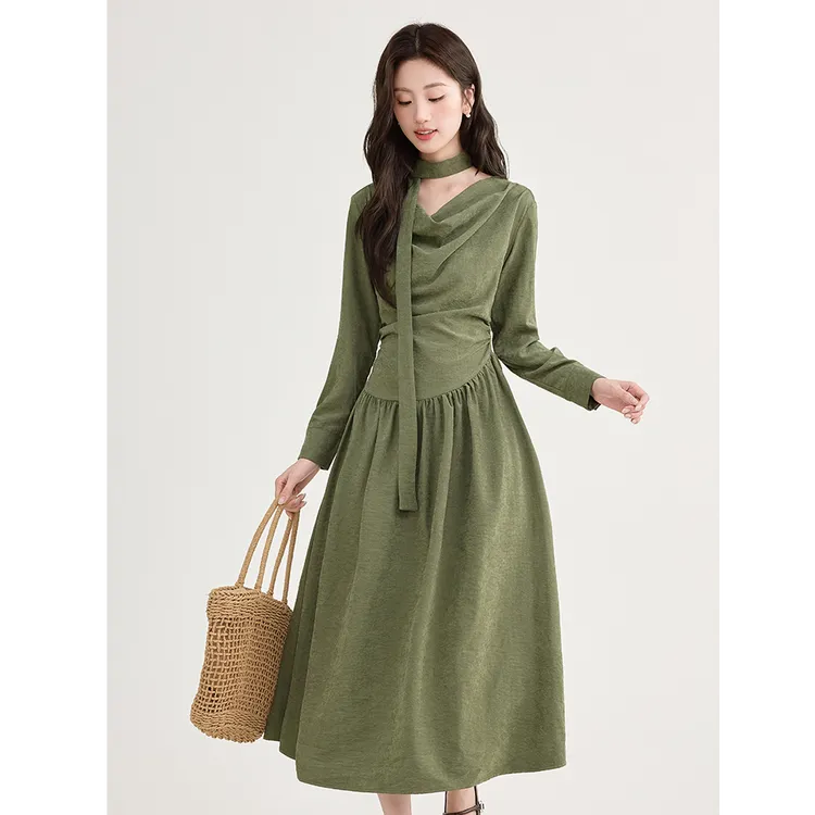 复古绿色荡领修身显瘦连衣裙飘带文艺少女日常中长款秋冬打底裙子