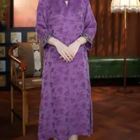 紫色提花大王缎撞色拼接钉珠花边高级定制柜子连衣裙D