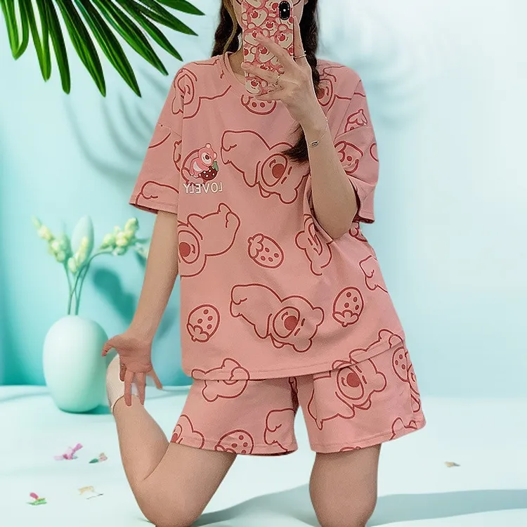 2025新款家居服女夏季短袖可爱少女内衣薄款带胸垫可外穿套装宽松