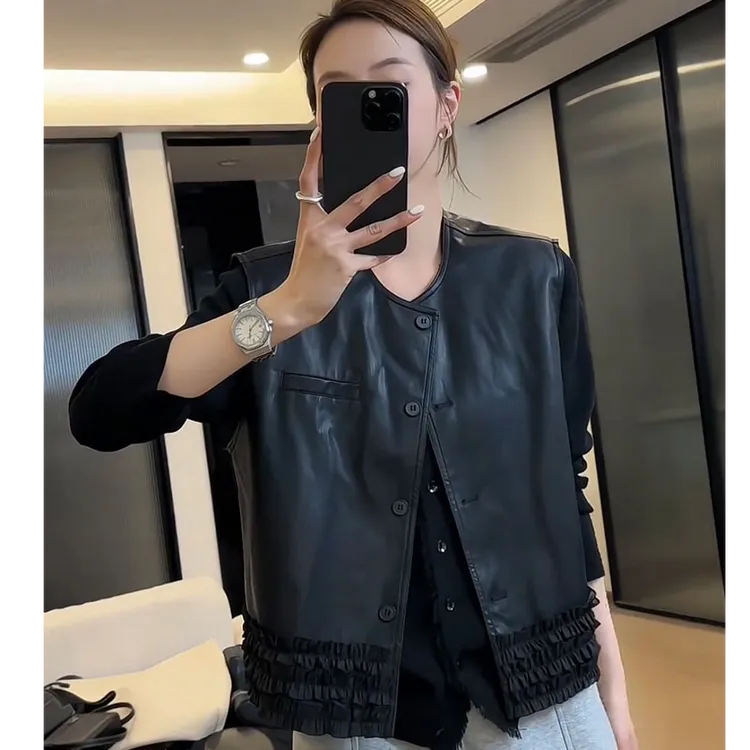 小香风木耳花边拼接P皮衣背心马甲女2025春新开衫法式坎肩小上衣