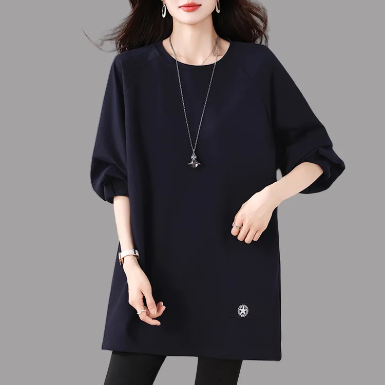 设计感圆领卫衣外套女2025秋季新款时尚宽松中长款遮屁股上衣