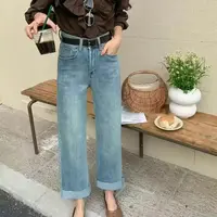 6685裤长98梨形身材浅色牛仔裤春新款高腰宽松显瘦窄版直筒阔腿裤