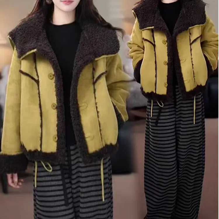 【两面可穿】2025冬季新款撞色毛毛一体保暖加厚显瘦时尚翻领短外套