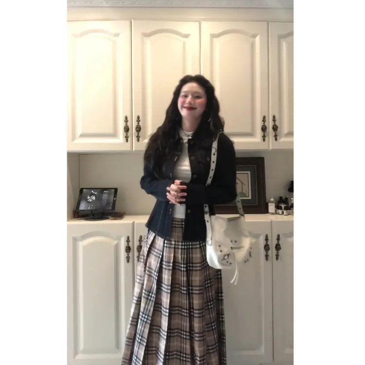 【易梦玲同款】百褶格子半身裙美式藏青牛仔外套打底上衣套装X11184