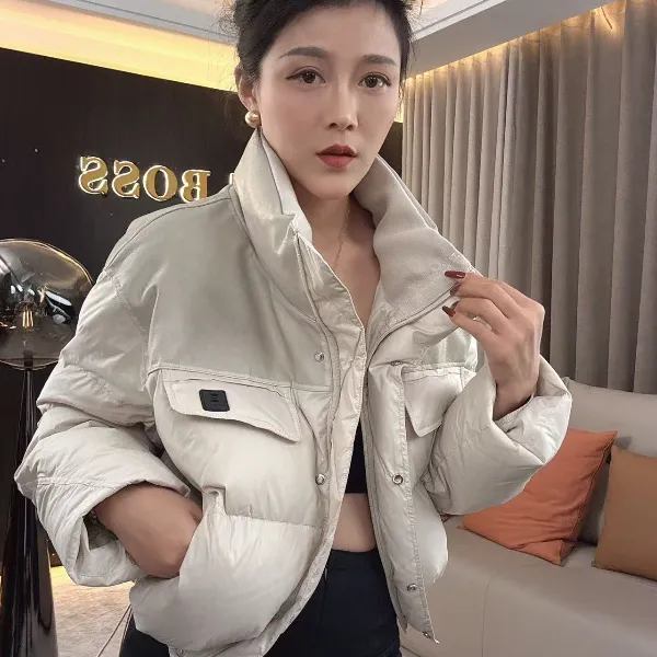 【耿老板1272#Y】港风复古皮拼接小众设计师精致短款白鸭绒羽绒服