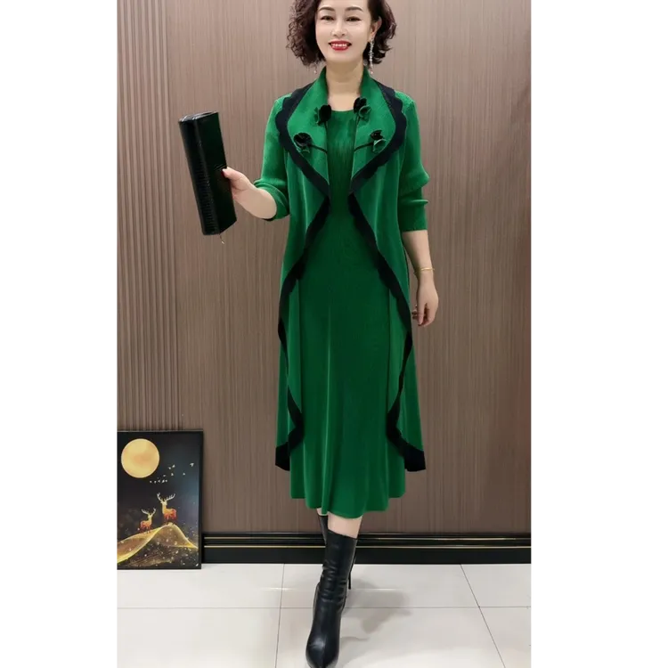 褶皱长袖秋冬季连衣裙裙子高贵秋季女神时尚礼服中长款修身春季