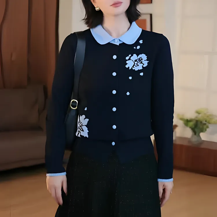 花朵刺绣气质POLO领藏青色针织衫女士开衫毛衣高级感秋冬新款上衣