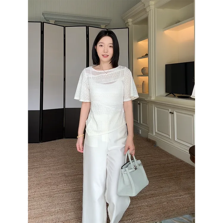 郭九九呢 气质显瘦设计感拼接短袖上衣宽松直筒九分裤 G925Y07501