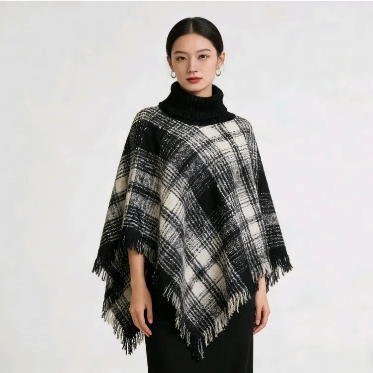 格子保暖优雅高领冬季披肩宽松气质外搭长款坎肩披风斗篷外贸样品
