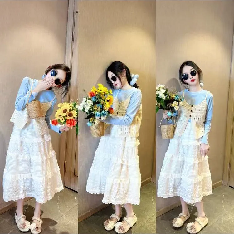 女童超好看裙子套装2025新款儿童马甲三件套洋气女孩花边蛋糕长裙