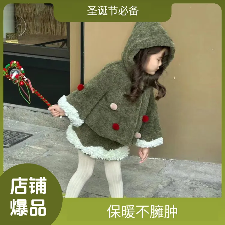 女童韩国童装2025新款秋冬绿色圣诞套装圣诞树保暖棉外套裙子
