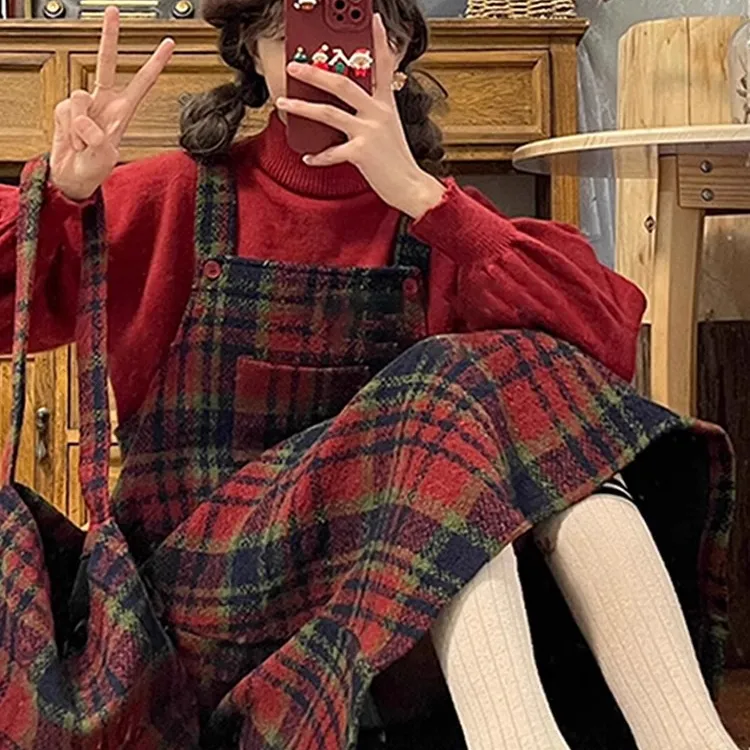 圣诞战袍穿搭红色毛衣格子连衣裙子女秋冬季2024新款背带长裙