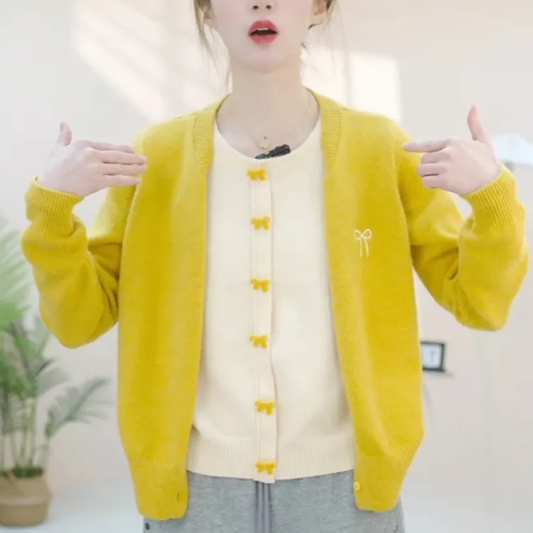 2026年早春蝴蝶结假两件毛衣针织开衫显瘦打底上衣W1-47