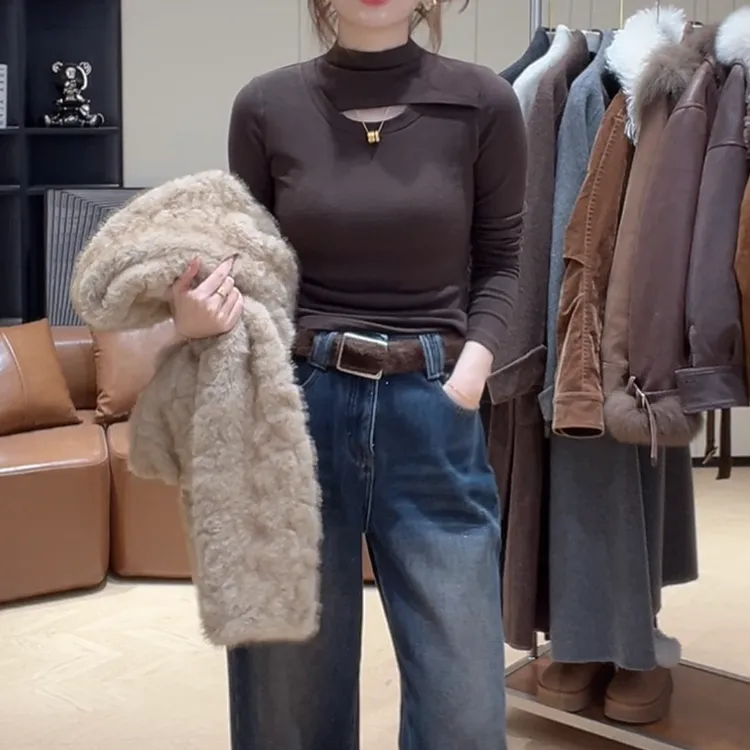 磨毛镂空显瘦打底保暖百搭长袖T恤秋冬季女士简约修身半高领上衣