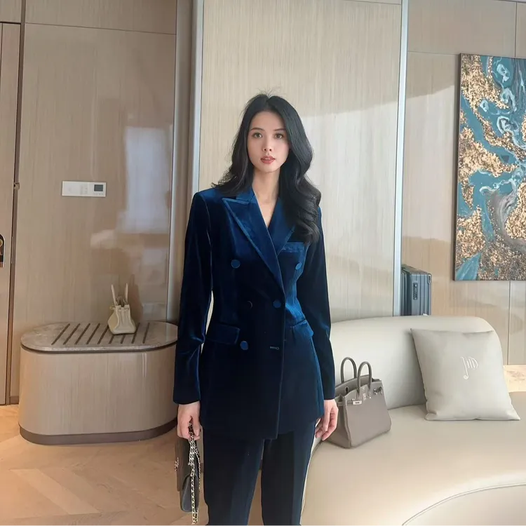 孔雀蓝双排扣秋冬丝绒西装套装职业通勤女士修身喇叭裤西服