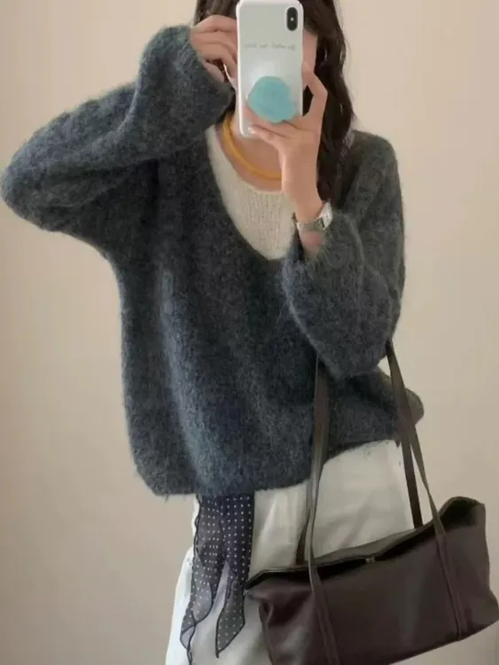 韩系慵懒风减龄假两件针织衫女2025秋季软糯宽松显瘦百搭上衣外穿