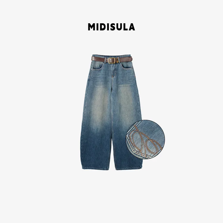 MDSL·南油复古水洗做旧裤子褶皱加绒高腰阔腿弯刀牛仔裤#02605
