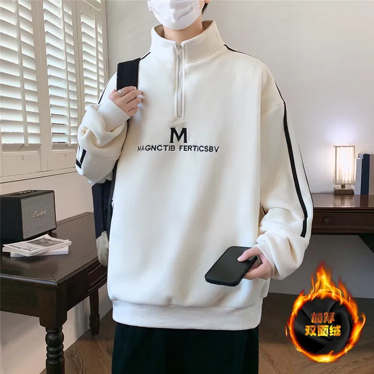 半高领卫衣男秋冬加厚保暖奥粒绒长袖t恤男青少年宽松百搭上衣服5