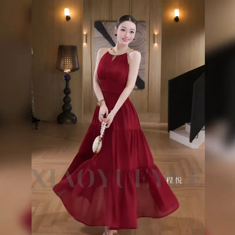程悦夫妇【C位红人】A-02158春夏时尚欧若风气质长款显瘦红色连衣裙