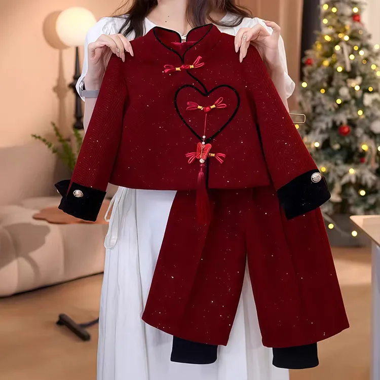 女童冬季新中式套装2025新款儿童新年女大童冬装加绒拜年服两件套