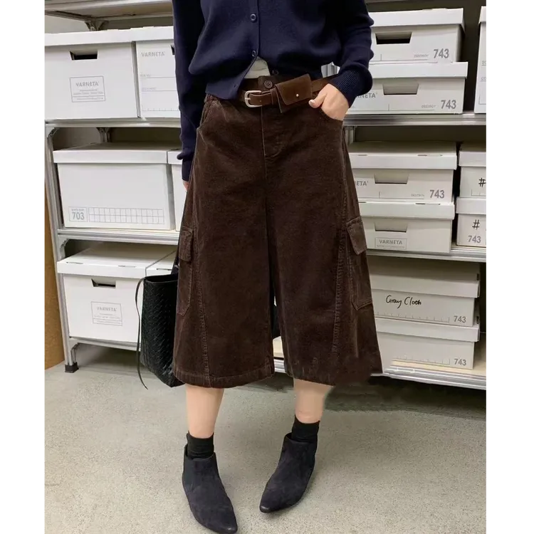 灯芯绒女款小个子口袋工装裤宽松显瘦直筒阔腿裤慵懒休闲七八分裤