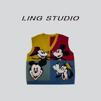 LING/STUDIO『幻彩米奇』100%绵羊毛 卡通减龄V领毛衣马甲5091630