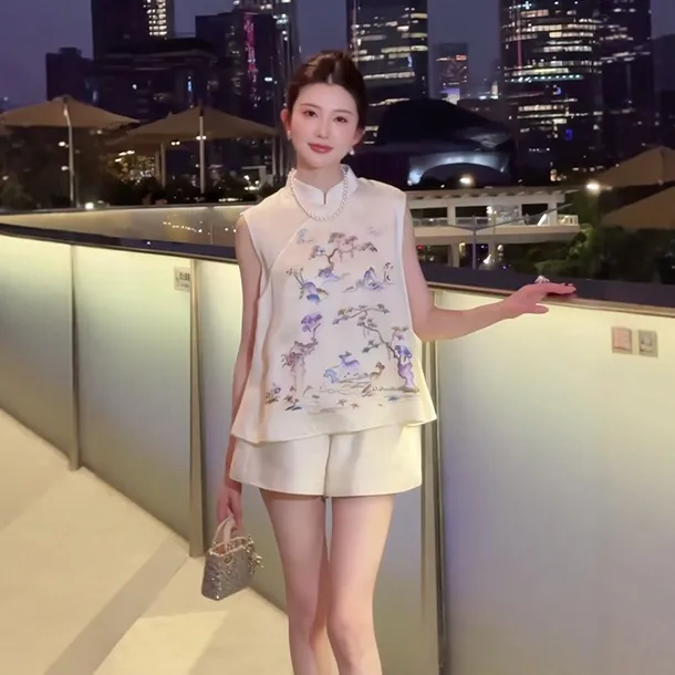 新中式国风重工刺绣马甲套装女2025夏季新款薄款立领千金风上衣