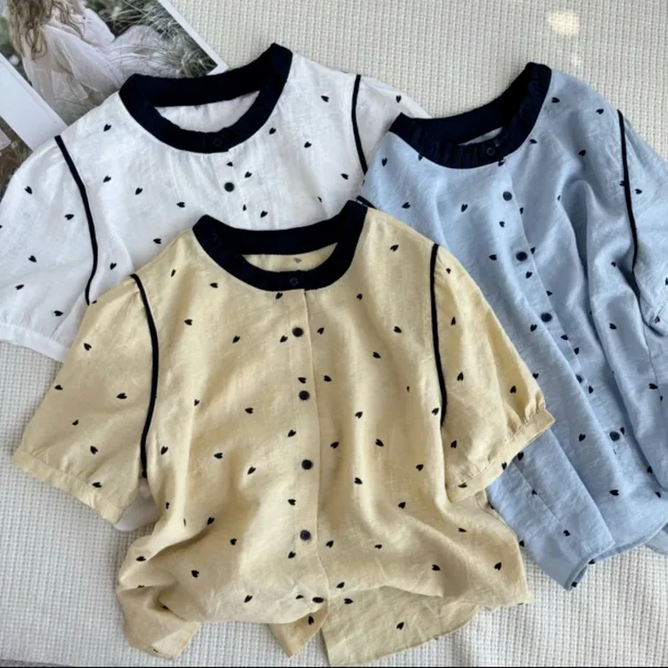 设计感爱心拼色圆领短袖衬衫女2025夏季新款韩版百搭修身显瘦衬衣