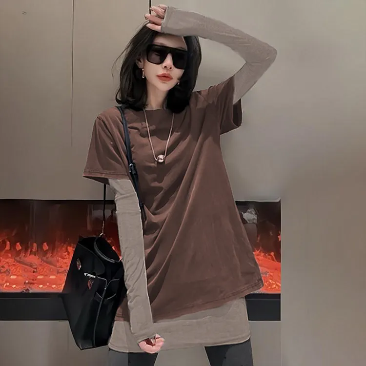 高级感真两件叠穿长袖T恤女2026早春新款韩版洋气上衣两件套打底