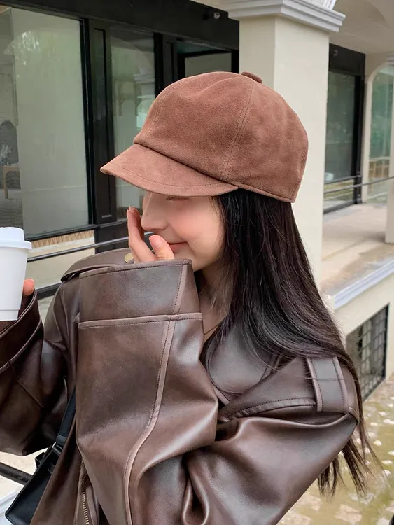 2025新款真皮绵羊皮秋冬新款帽子女英伦百搭画家帽时尚休闲复古