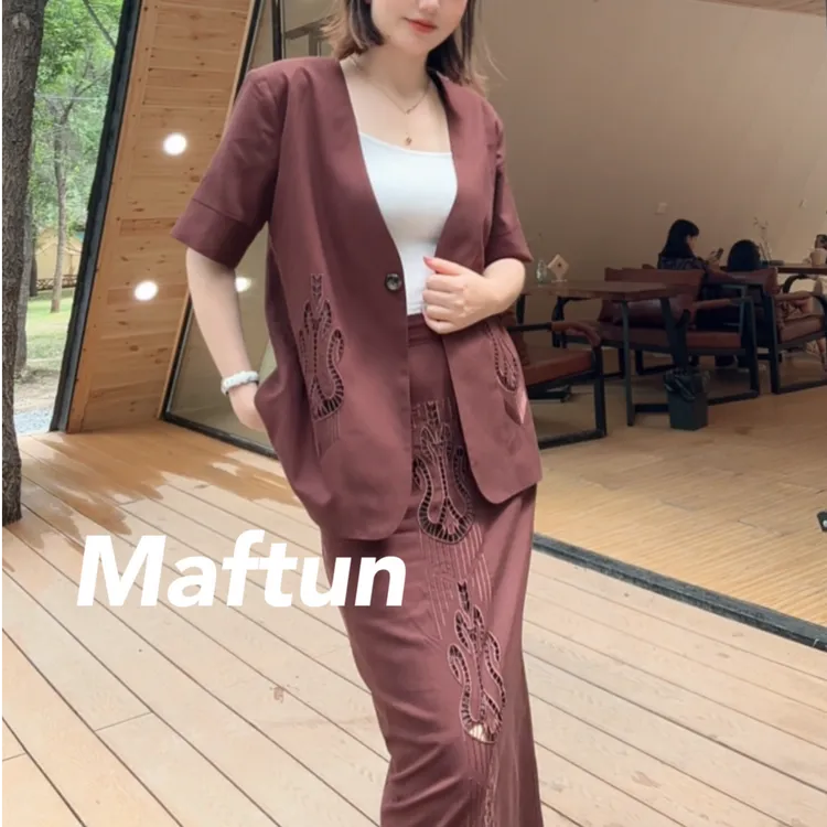 Maftun 民族风重工镂空刺绣夏季气质短袖西装外套半身裙套装