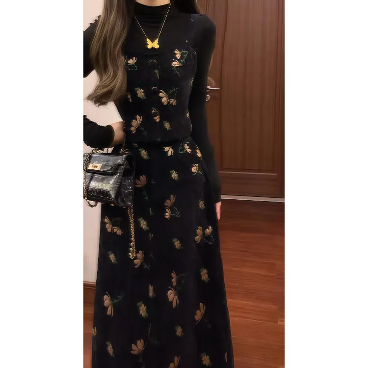 秋冬法式温柔绒感提花吊带背心&半身裙&黑色针织衫时尚套装裙9836