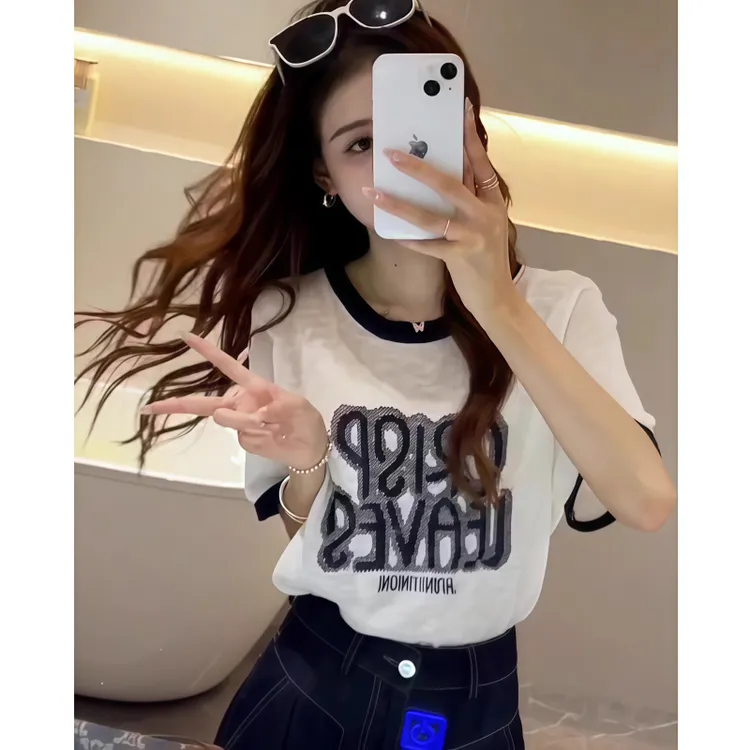 夏季新款休闲通勤风搭配撞色字母竹节麻短袖女韩系简约百搭上衣潮