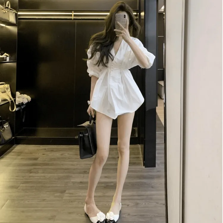 衬衫女高级设计感白色半袖夏系带法式气质时尚洋气开衫中长款上衣