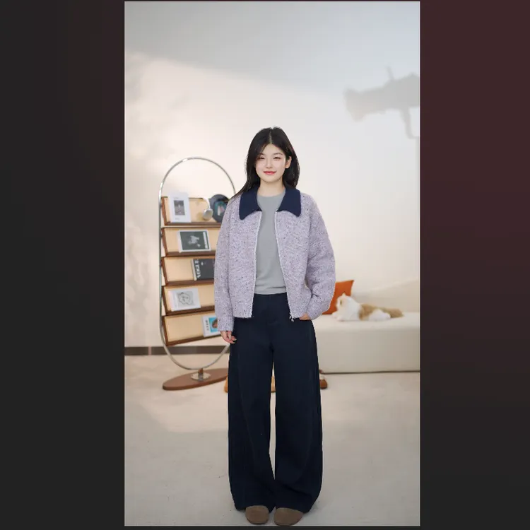 [同路暖行]ZRTU/执图毛针织衫拼色开衫款适中常规款POLO领长袖针织冬季