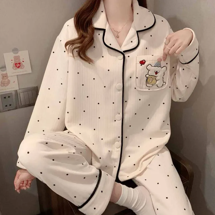 睡衣女空气夹层棉长袖秋冬夹层加厚套装卡通宽松开衫家居服春秋季