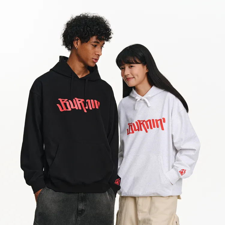 BURNIN*横排LOGO小火苗正胸口撞色连帽卫衣春秋长袖时尚宽松印花