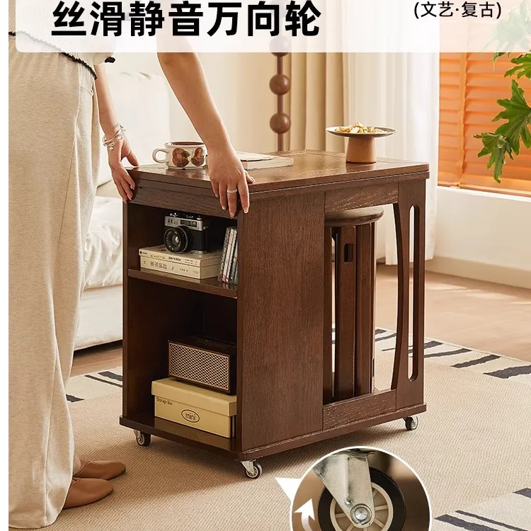 有清实木可折叠茶几客厅沙发边柜复古中古风小推车桌子可移动边几