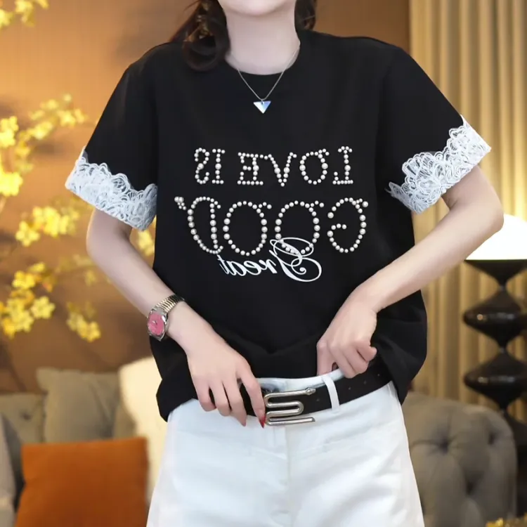 【幸运石】2025年早春多色珍珠大版宽松短袖T恤上衣LK2501328