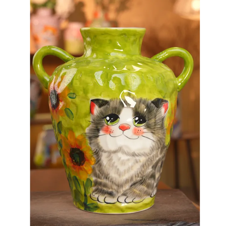 油画猫咪图案手绘陶瓷花瓶客厅茶室桌面水培装饰摆件家用创意法式