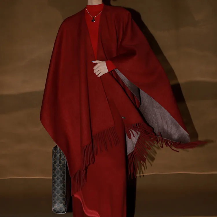 【贵妇披肩】新中式双面羊毛斗篷秋冬高级感女新年红色毛呢外套1899