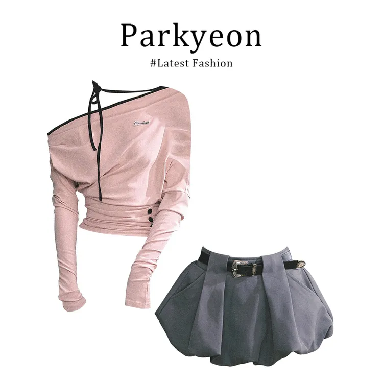 MARIE.COCO韩系长袖斜肩辣妹挂脖T恤收腰显瘦上衣搭半身裙子套装