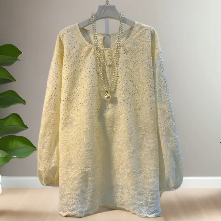 HY新款胖MM大码欧货重工烫钻遮肚子显瘦百搭洋气时尚蕾丝衫上衣