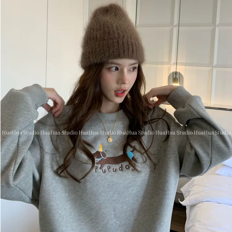 【花花】pupu腊肠~秋冬刺绣腊肠狗圆领加厚套头休闲时尚加绒卫衣
