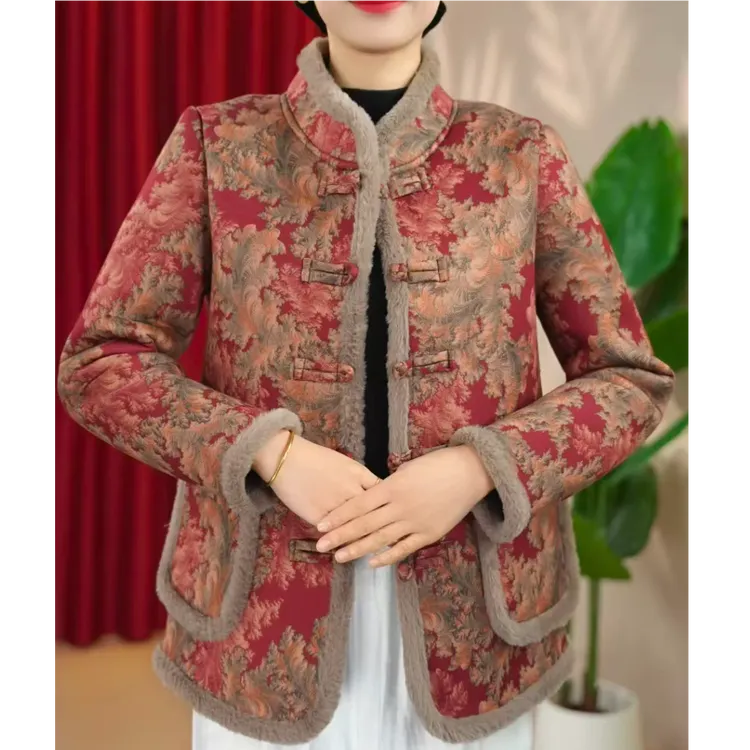2025秋冬新款加绒加厚带毛边棉衣妈妈装上衣盘扣外套凤尾花红