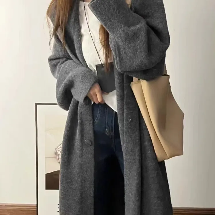 【备用快速发货】连帽外套女宽松秋冬气质中长款针织开衫时尚百搭