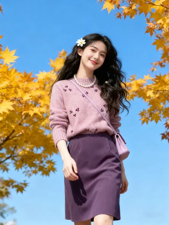 2025秋季超火一整套气质减龄重要场合漂亮大方得体紫色毛衣套装裙